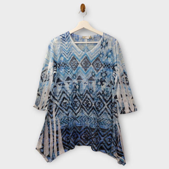 Jess & Jane Shirt Women Large Blue Sparkle Tribal Boho Art To Wear Burnout Tunic - Picture 1 of 5